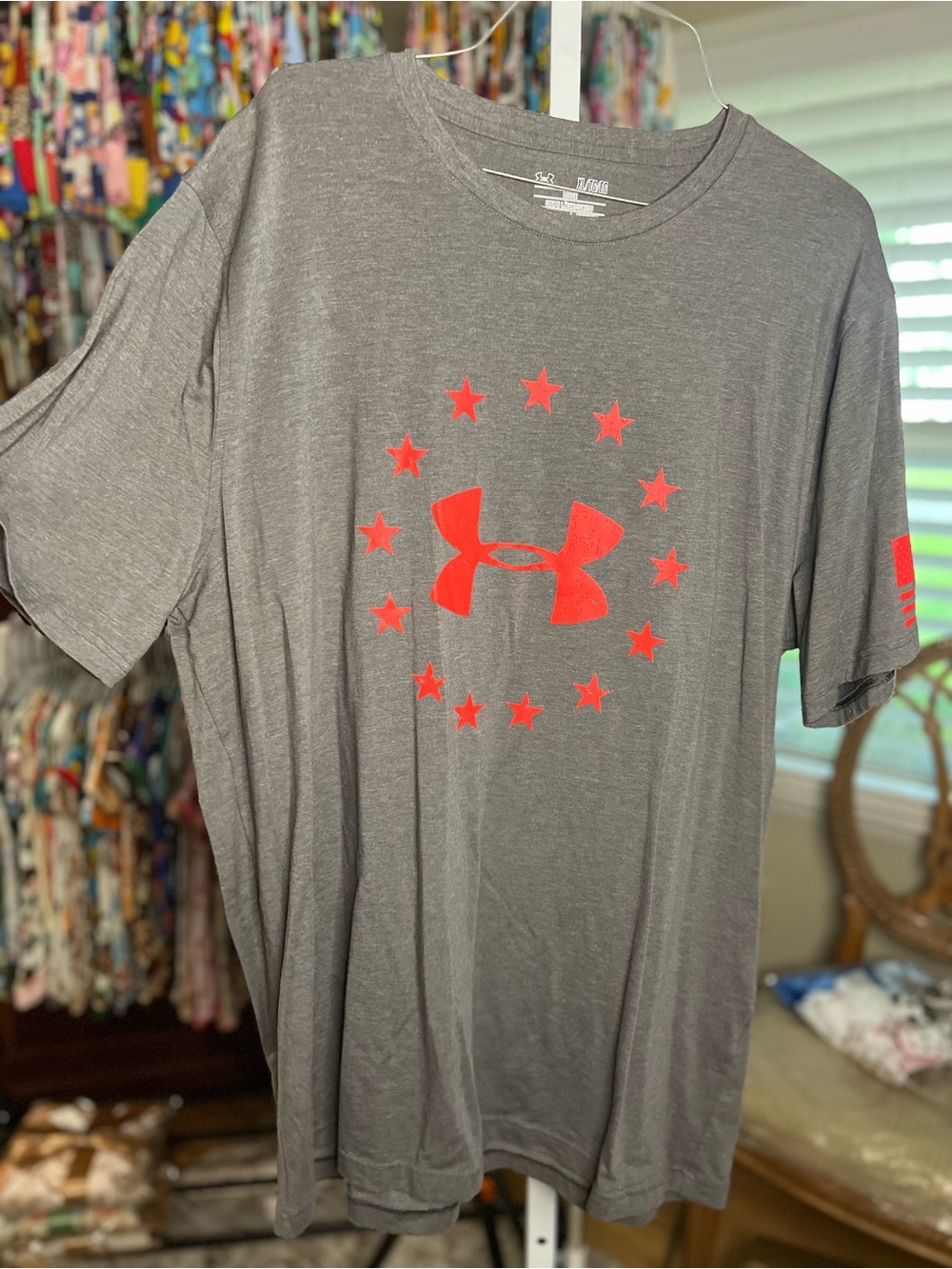 Under Armour Gray Short Sleeve Tee with Red Logo and Stars